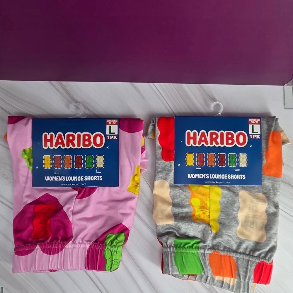 Haribo Lounge Shorts Womens Large 2 Pack Gummy Bear Pink‎ Grey Hearts New NWT